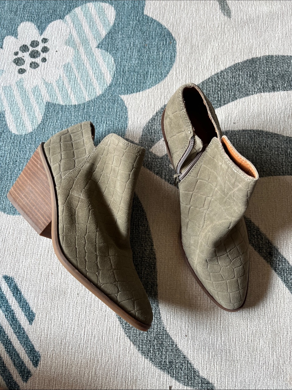 Lucky Brand Olive Croc-Embossed Ankle Booties with Stacked Heel